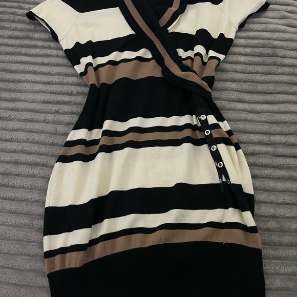 Striped Black and Brown Wrap Dress - Picture 1 of 2